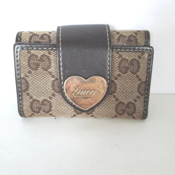 Vintage GUCCI Heart Monogram Logo Brown Key Holder Wallet Case Canvas Leather